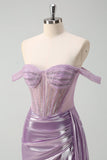 Light Purple Mermaid Off The Shoulder Streamer Corset Metallic Prom Dress with Slit