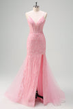 Sparkly Light Pink Mermaid V-Neck Corset Sequin Long Prom Dress with Slit