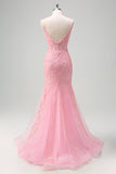 Sparkly Light Pink Mermaid V-Neck Corset Sequin Long Prom Dress with Slit