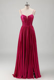 Fuchsia A Line Spaghetti Straps Corset Pleated Metallic Prom Dress with Lace Up Back