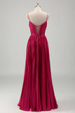 Fuchsia A Line Spaghetti Straps Corset Pleated Metallic Prom Dress with Lace Up Back