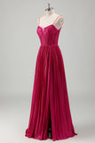 Fuchsia A Line Spaghetti Straps Corset Pleated Metallic Prom Dress with Lace Up Back