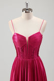 Fuchsia A Line Spaghetti Straps Corset Pleated Metallic Prom Dress with Lace Up Back