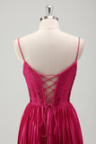 Fuchsia A Line Spaghetti Straps Corset Pleated Metallic Prom Dress with Lace Up Back