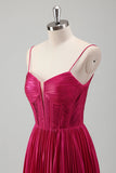 Fuchsia A Line Spaghetti Straps Corset Pleated Metallic Prom Dress with Lace Up Back