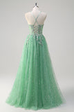 Sparkly Light Green A Line Spaghetti Straps Corset Sequin Long Prom Dress with Slit