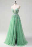 Sparkly Light Green A Line Spaghetti Straps Corset Sequin Long Prom Dress with Slit