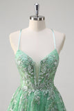 Sparkly Light Green A Line Spaghetti Straps Corset Sequin Long Prom Dress with Slit