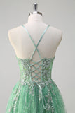 Sparkly Light Green A Line Spaghetti Straps Corset Sequin Long Prom Dress with Slit