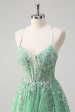 Sparkly Light Green A Line Spaghetti Straps Corset Sequin Long Prom Dress with Slit