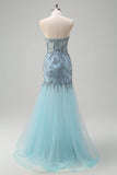 Sparkly Light Blue Mermaid Strapless Corset Long Beaded Prom Dress With Tulle Slit