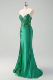 Green Mermaid Strapless Corset Sparkly Sequin Long Prom Dress with Slit