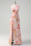 Peach Floral One Shoulder Print Long Prom Dress