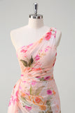 Peach Floral One Shoulder Print Long Prom Dress