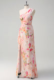 Peach Floral One Shoulder Print Long Prom Dress