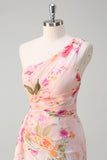 Pink Floral Sheath One Shoulder Long Wedding Guest Dress With Slit