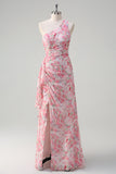 Pink Floral Sheath One Shoulder Long Wedding Guest Dress With Slit