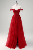 A-Line Off the Shoulder Beaded Long Corset Red Prom Dress with Slit