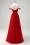 A-Line Off the Shoulder Beaded Long Corset Red Prom Dress with Slit