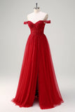 A-Line Off the Shoulder Beaded Long Corset Red Prom Dress with Slit