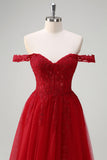 A-Line Off the Shoulder Beaded Long Corset Red Prom Dress with Slit