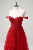 A-Line Off the Shoulder Beaded Long Corset Red Prom Dress with Slit