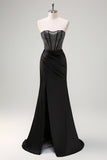 Glitter Mermaid Strapless Ruched Satin Corset Long Black Prom Dress with Beading