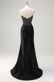 Glitter Mermaid Strapless Ruched Satin Corset Long Black Prom Dress with Beading