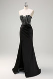 Glitter Mermaid Strapless Ruched Satin Corset Long Black Prom Dress with Beading