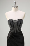 Glitter Mermaid Strapless Ruched Satin Corset Long Black Prom Dress with Beading