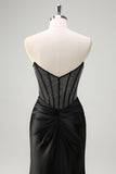 Glitter Mermaid Strapless Ruched Satin Corset Long Black Prom Dress with Beading