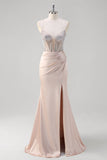 Stylish Blush Mermaid Spaghetti Straps Ruched Corset Beaded Long Prom Dress with Slit