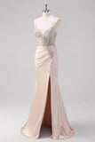 Stylish Blush Mermaid Spaghetti Straps Ruched Corset Beaded Long Prom Dress with Slit