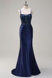 Navy Mermaid Pleated Corset Long Backless Sequin Prom Dress with Slit