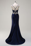 Navy Mermaid Pleated Corset Long Backless Sequin Prom Dress with Slit