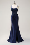 Navy Mermaid Pleated Corset Long Backless Sequin Prom Dress with Slit