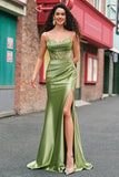 Green Mermaid Spaghetti Straps Corset Pleated Appliqued Long Prom Dress with Slit