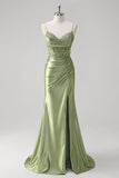 Green Mermaid Spaghetti Straps Corset Sequin Appliqued Long  Prom Dress with Slit