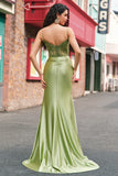 Green Mermaid Spaghetti Straps Corset Pleated Appliqued Long Prom Dress with Slit