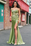 Green Mermaid Spaghetti Straps Corset Pleated Appliqued Long Prom Dress with Slit