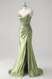 Green Mermaid Spaghetti Straps Corset Sequin Appliqued Long  Prom Dress with Slit