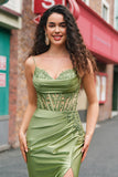 Green Mermaid Spaghetti Straps Corset Pleated Appliqued Long Prom Dress with Slit