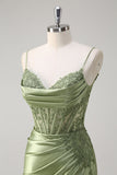 Green Mermaid Spaghetti Straps Corset Sequin Appliqued Long  Prom Dress with Slit