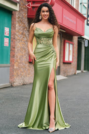 Green Mermaid Spaghetti Straps Corset Pleated Appliqued Long Prom Dress with Slit