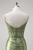 Green Mermaid Spaghetti Straps Corset Sequin Appliqued Long  Prom Dress with Slit