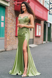 Green Mermaid Spaghetti Straps Corset Pleated Appliqued Long Prom Dress with Slit