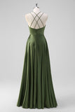 Olive A-Line Spaghetti Straps Ruched Satin Long Bridesmaid Dress