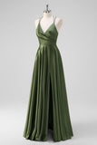 Olive A-Line Spaghetti Straps Ruched Satin Long Bridesmaid Dress