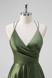 Olive A-Line Spaghetti Straps Ruched Satin Long Bridesmaid Dress