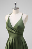 Olive A-Line Spaghetti Straps Ruched Satin Long Bridesmaid Dress